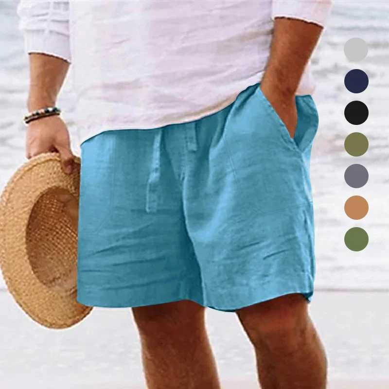 Mens summer cotton and linen shorts with drawstring elastic waist straight legs solid color breathable daily beach capris Y240914