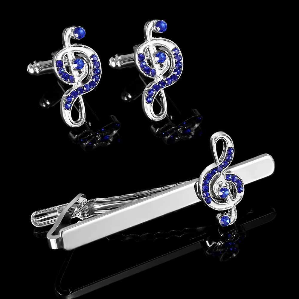 2 PCS Mens G Clef Cufflink Tie Clip Set With Blue Crystal Paved For Music-Lover Musicians Festival GiftX240914