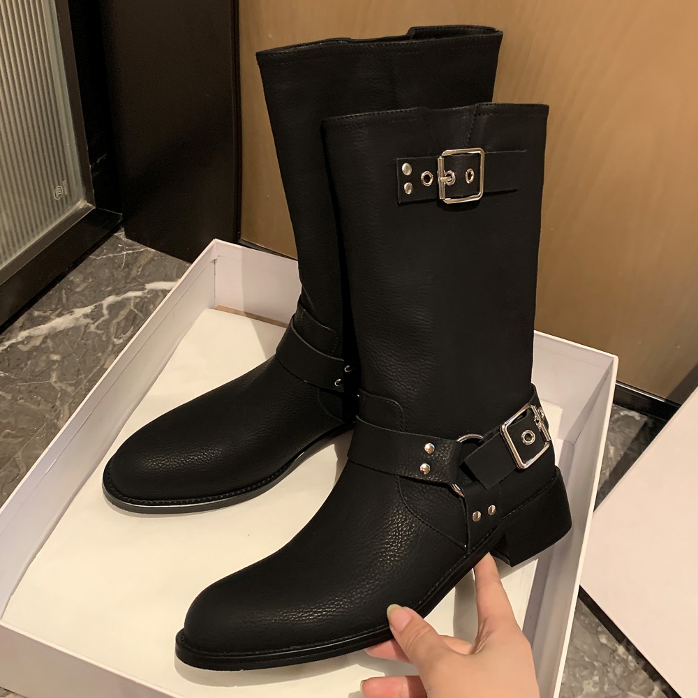 genuine Women's leather metal buckle slip-on flats autumn mid-calf casual female punk half boots high quality shoes woman 8aa4