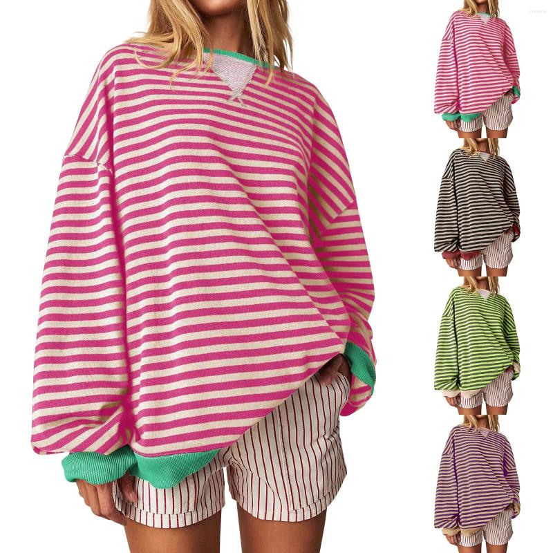 Womens T Shirts 2024 Oversized Striped Color Blocking Long Sleeved Round Neck Sports Shirt Casual Loose Fitting Pullover Top
