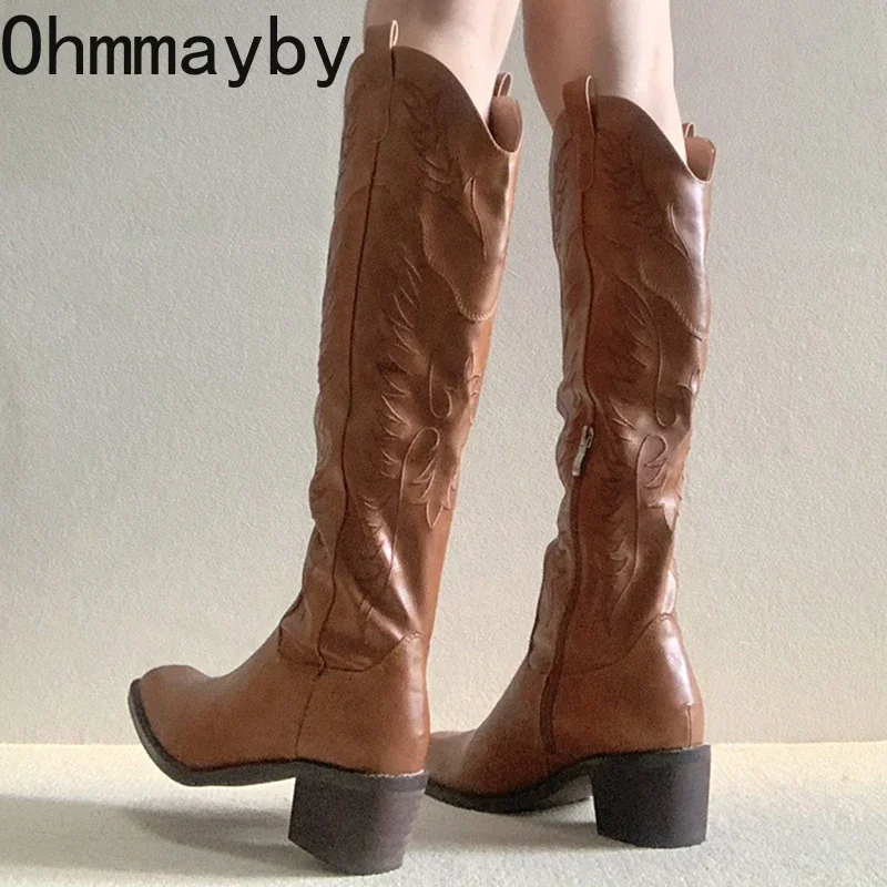 V Vintage mouth Women Western Knee-High Boots Fashion Side Zippers Shoes Autumn Winter Thick Heel Ladies Knight Long Booties fba3