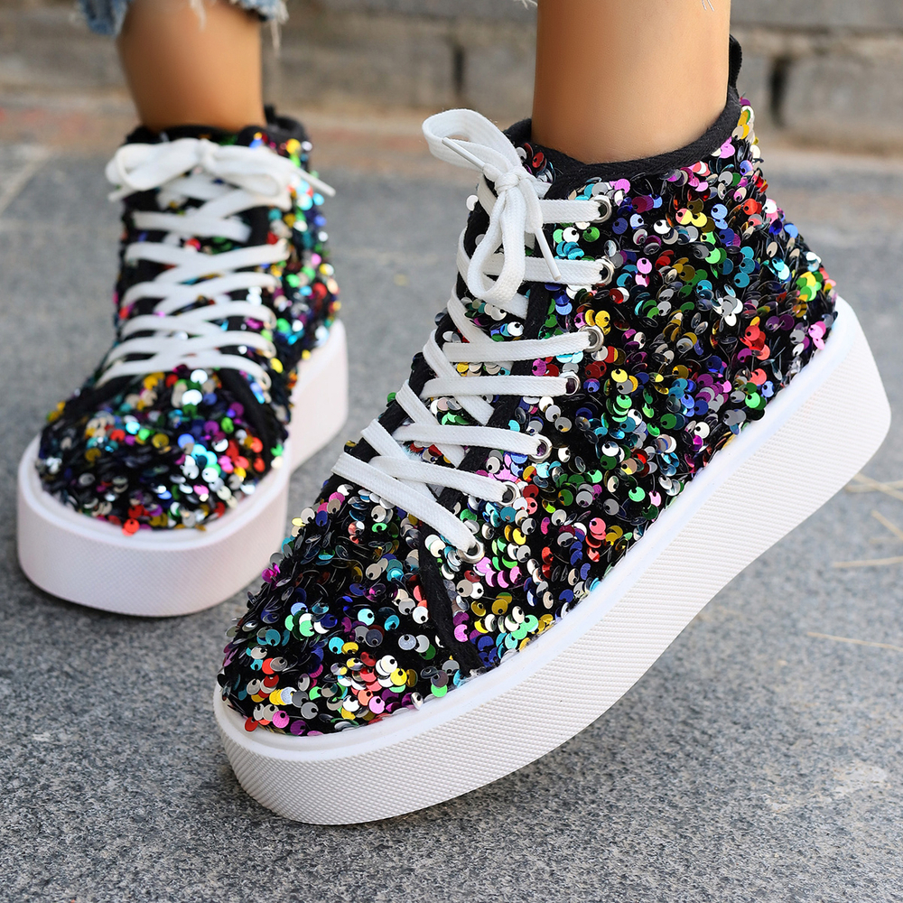 Female High-top Canvas Fashion Student Golden Sequins Platform Vulcanized Casual Running Sneakers Women Flat Shoes