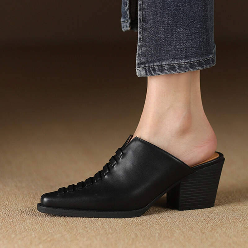Summer NEW Mules Genuine Leather Shoes for Cover Chunky Heel Slippers New Cross-tied Pointed Toe Black Women Sandals 256c