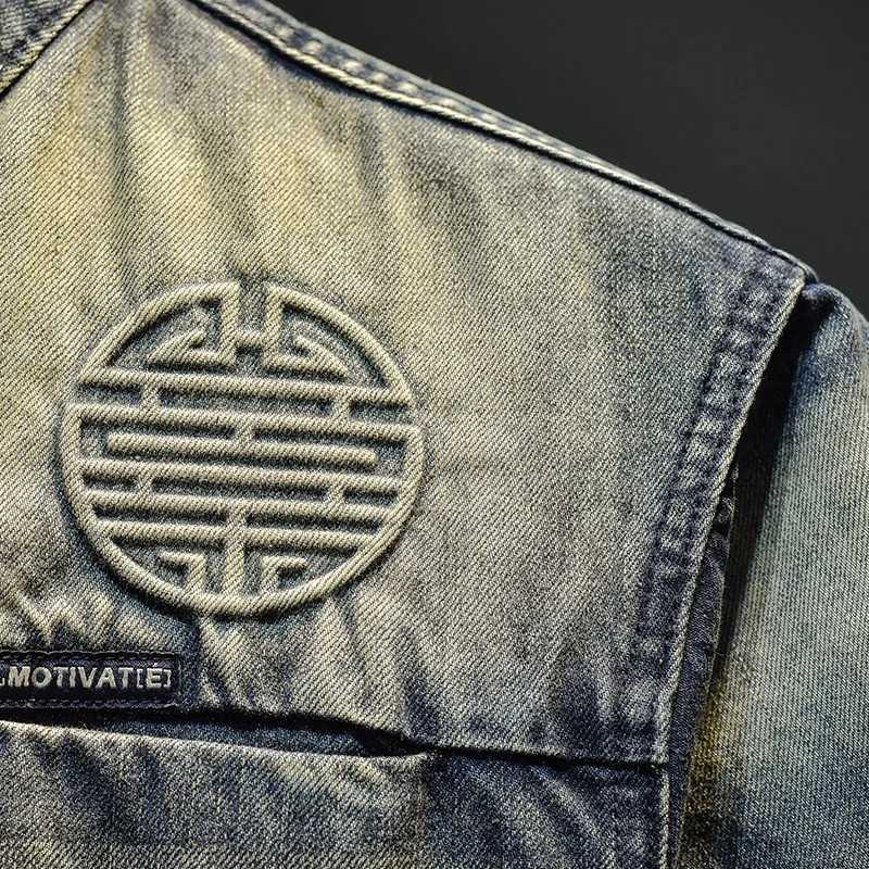 2024 autumn trend retro denim jacket mens slim fit nostalgic street motorcycle jacket stand collar retro fashion jacket W24091489