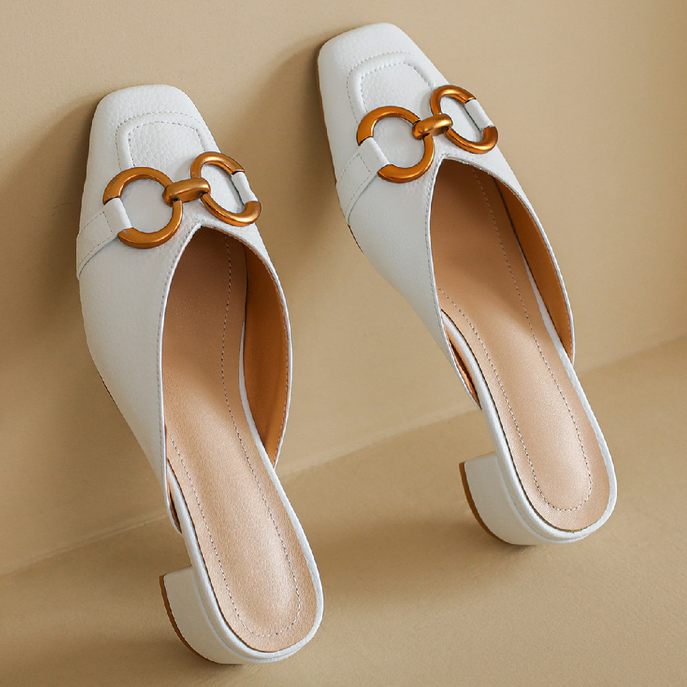 Women's genuine leather sqaure toe slip-on 4cm thick med heel summer mules metal buckle decoration casual female heels sandals