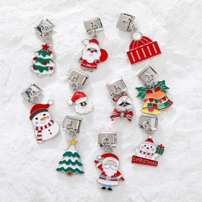 New Women's Gift Christmas hat Snowman Santa Claus Pendant Italian Charms Links Bangle Beads Fit 9mm Stainless Steel Bracelet Making DIY For Wome