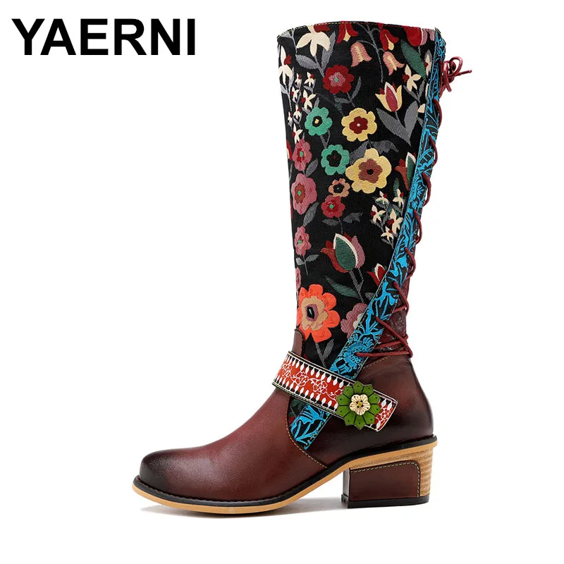 Vintage Mid-calf Boots Women Shoes Bohemian Retro Genuine Leather Motorcycle Boots Printed Side Zipper Back Lace Up Botas