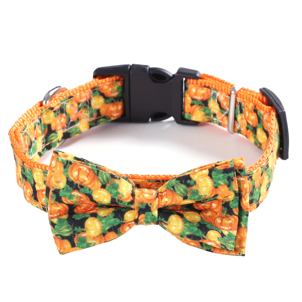 Pet Halloween Dog Collar, Cute Orange Festival Dog Collar with Bow, Adjustable Halloween Pet Collars for Small Medium Large Dogs