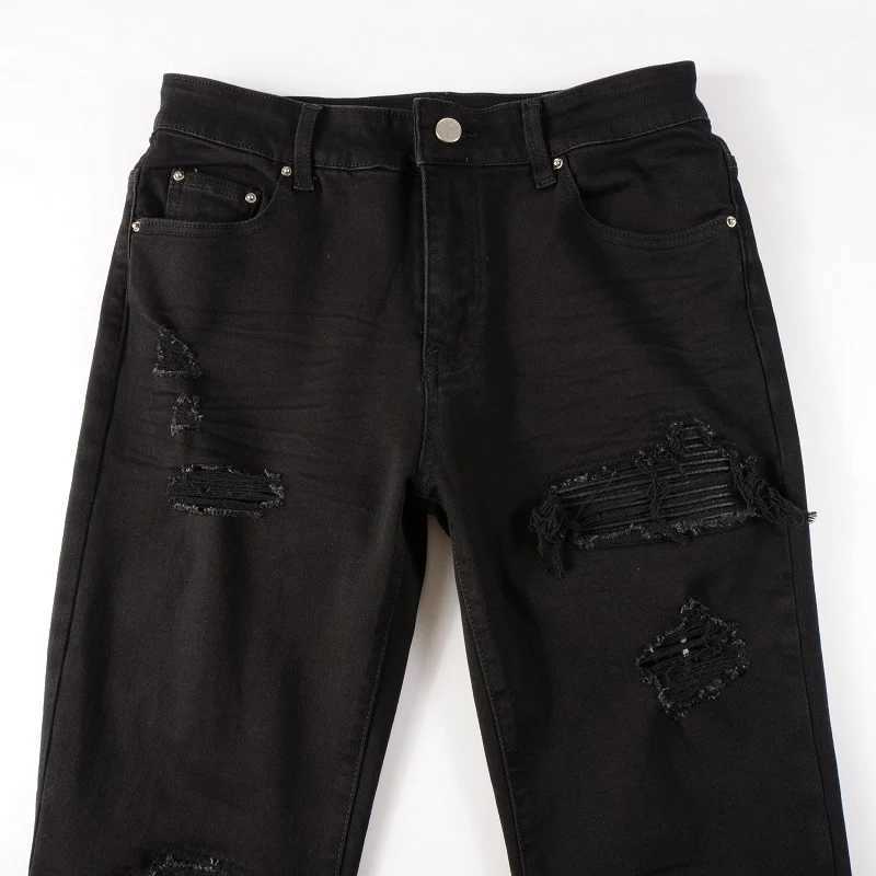 Men Leather Patch Biker Jeans for Motorcycle Strtwear Holes Ripped Patchwork Stretch Denim Pants Black Skinny Tapered Trousers X250924