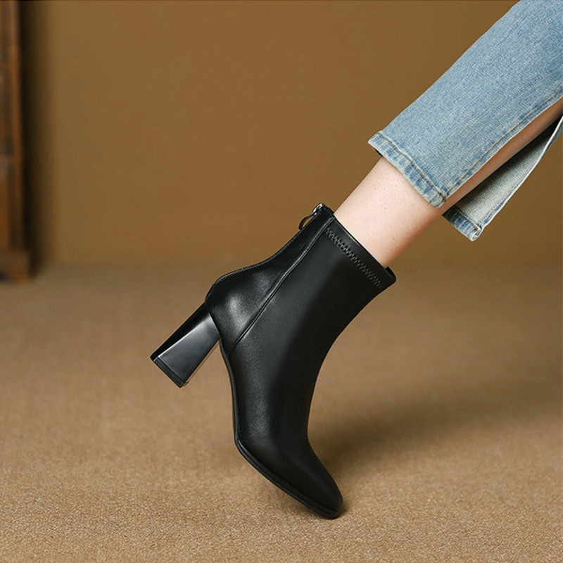 New 2024 Women's High Square Back Zipper Ankle Autumn Single Boot Chunky Heel Boots c033 s