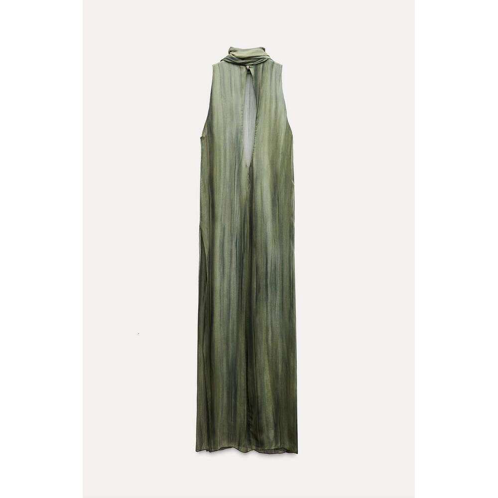 Elegant Sleeveless Lace Up Halter Maxi Dress Women Casual Round Neck Hollow Out Side Slit Dresses Summer Lady High Streetwear