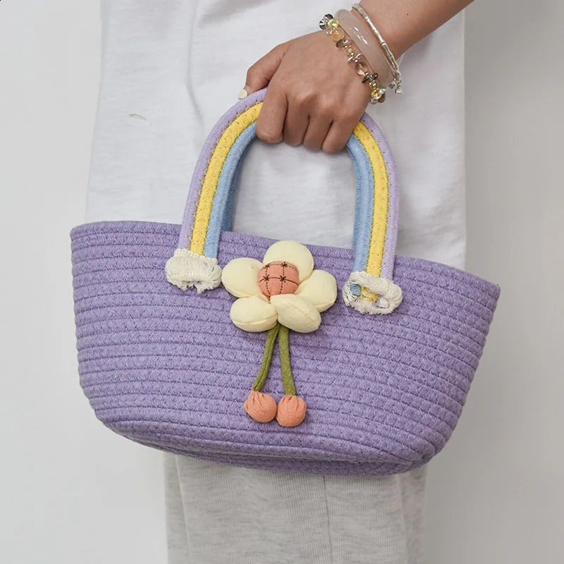 Simple sweet and fresh cotton rope is made from handmade gift handbags Hand woven summer dopamine rainbow womens bag 240913