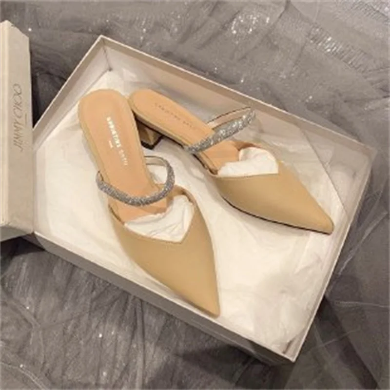 2024 New Baotou High Heels Pointed Toe Ladies Thick Heel Muller Shoes Fashion Rhie Slip-on Fairy Style Sexy Women Pumps 0044