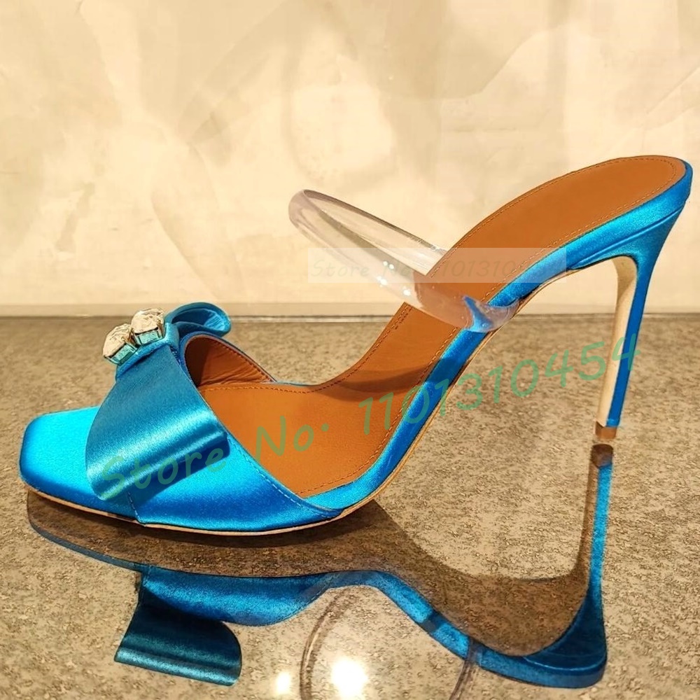 Bowknot Satin High Heels Slippers Women Summer Elegant Multicolor Crystal Bling Shoes PVC Strap Ladies Casual Open Toe Mules