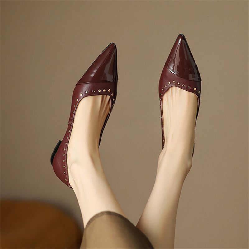New Summer Split Leather Women Pumps Flat Shoes for Women Fashion Rivet Pointed Toe Low Heels Shoes Women Zapatos De Mujer