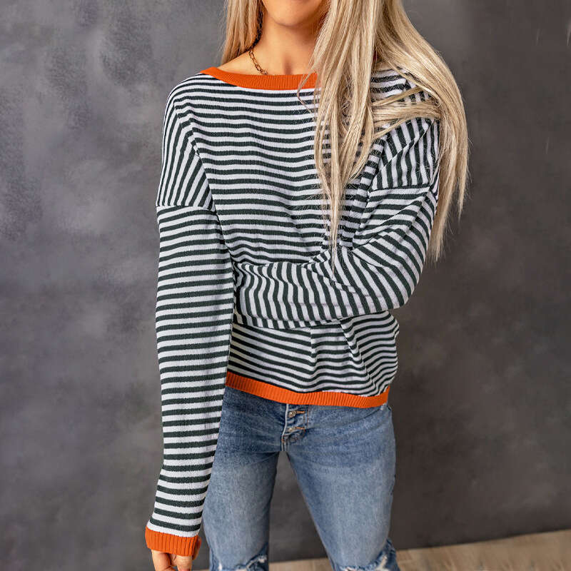 Shi Ying contrasting color border striped shoulder sweater loose and versatile long sleeved knitted pullover top for women