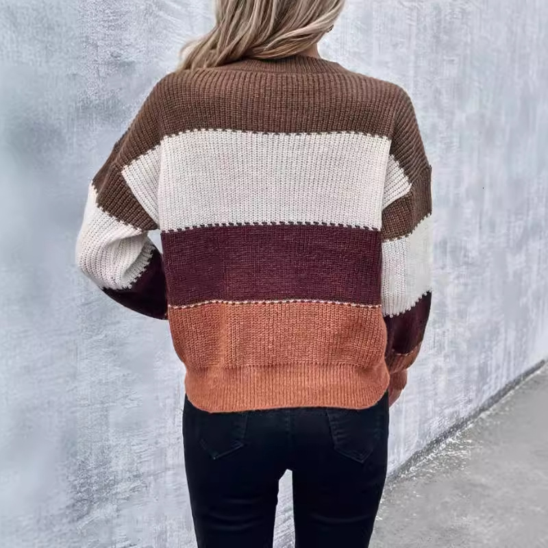 dongdumaoyi New Autumn/Winter V-neck Sweater Amazon Cross border Foreign Trade Women's Knitted Sweater Fashion Color blocked Loose and Versatile 