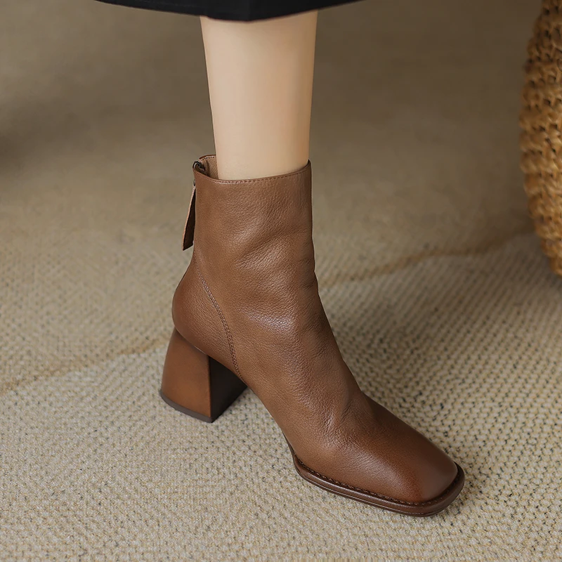 2024 Autumn/winter High Heels Square Toe Short Boots Women Office Gladiator Lady Shoes Genuine Leather 62ca