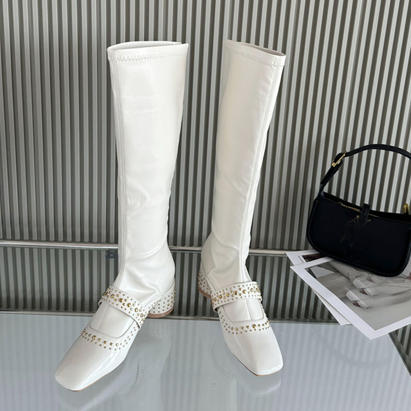 New Footwear Fashion Elastic Designer Rivet Women Knee High Boots With Round Heel Ladies Long Stretch Booties Female Shoes - view 4