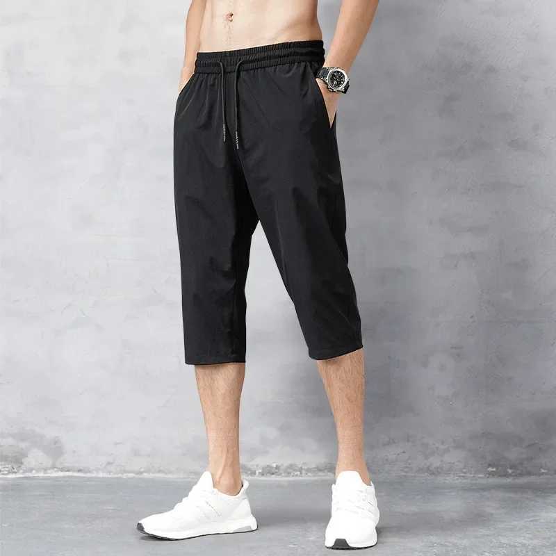 Mens Shorts Summer Breeches 2024 Thin Nylon 3/4 Length Trousers Male Bermuda Board Quick Drying Beach Black Mens Long Shorts Y240914