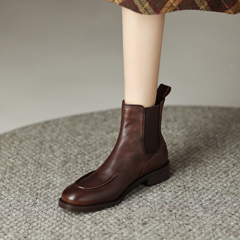 2024 Autumn Genuine Retro Women Shoes Round Toe Chunky Heel Winter Female Leather Boots a908