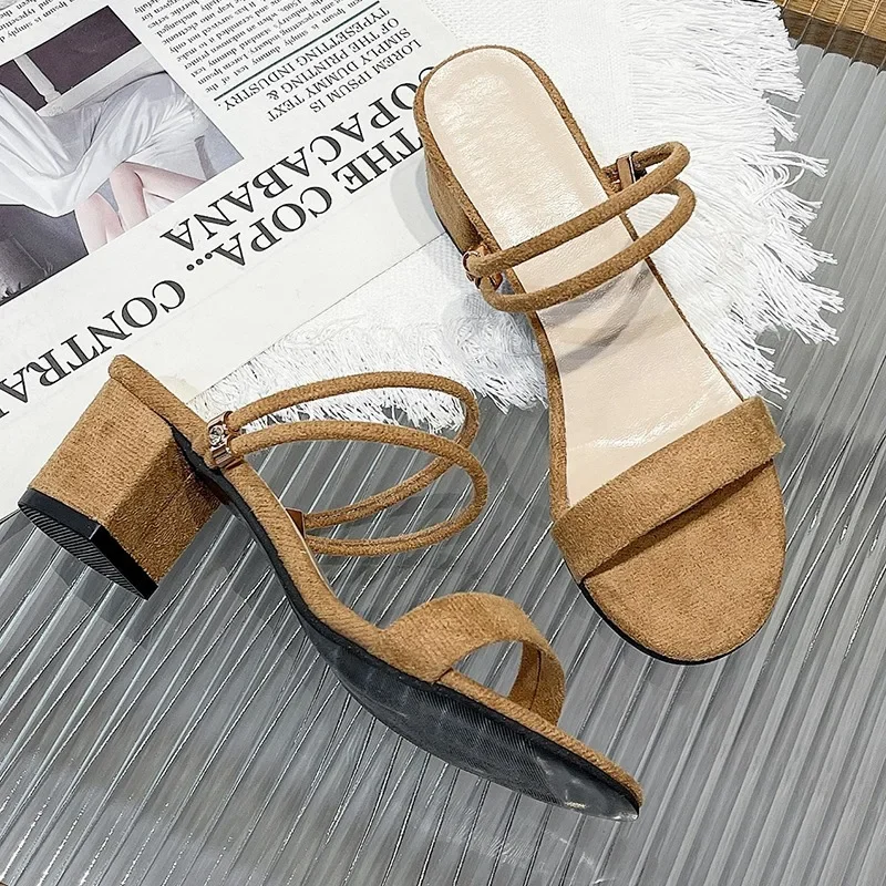 2024 summer Female open-toed wild thick suede med heels two wear sandals with New female Sandalias 2118