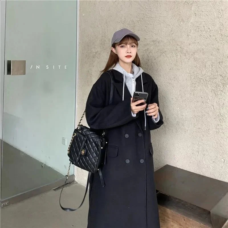 Twopiece Illusion Woolen Jacket Womens Winter Korean Style Loosefit Mediumlength Hooded Thickened Overcoat Clothing 240905