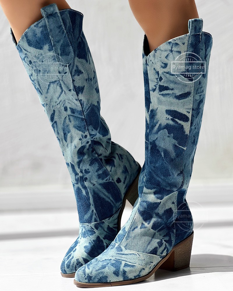 Boots Women Chunky Heel Cowboy Style Washed Denim Retro Long Boots Thick Heel Western Cowboy Knee-high Knight Ethnic Boots