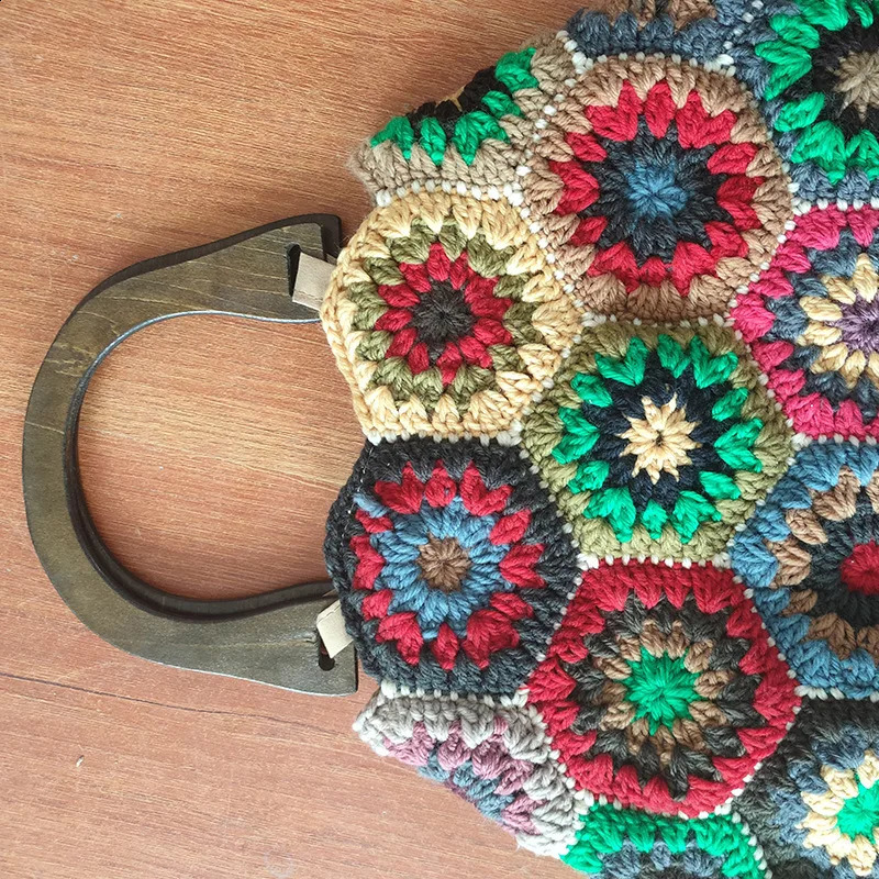 Bohemian Granny Square Crochet Womens Handbag Vintage Wooden Knitted Large 240913