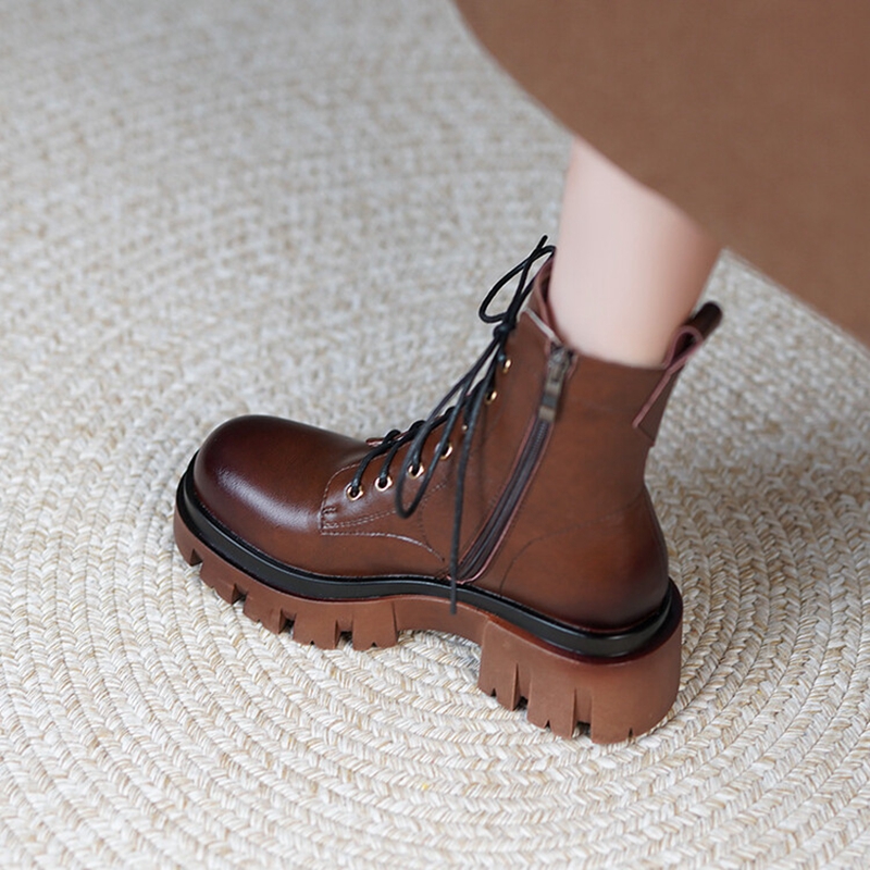 Autumn NEW Split Leather Round Toe Platform Height Increasing Zipper Casual Solid Short Boots for Women b7ac