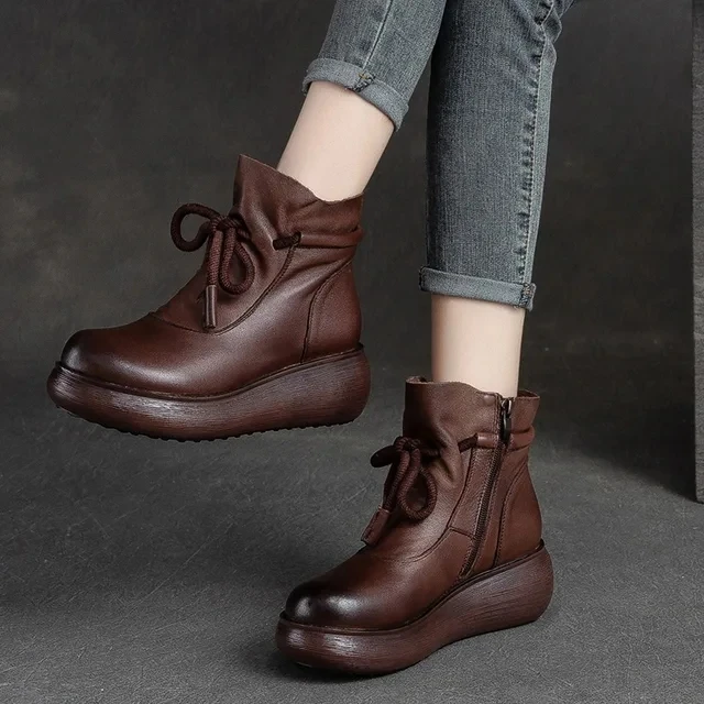 5cm New Genuine Leather Autumn Ethnic Platform Wedge Ankle Mid Calf Booties Woman Super Thick Chunky Boots Rubber Shoes
