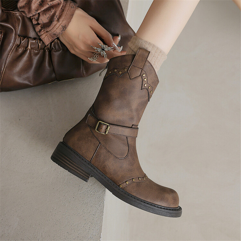 Autumn Winter Split Leather Fashion Rivet Round Toe Shoes for Short Women Mujer Low Heel Western Boots