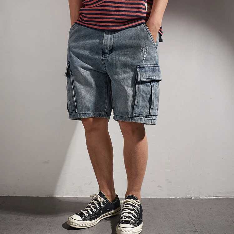 American Heavy Washed Cotton Denim Shorts for Men Loose straight half jeans pants 2024 Summer Vintage Cargo Workwear knee lengthX240914