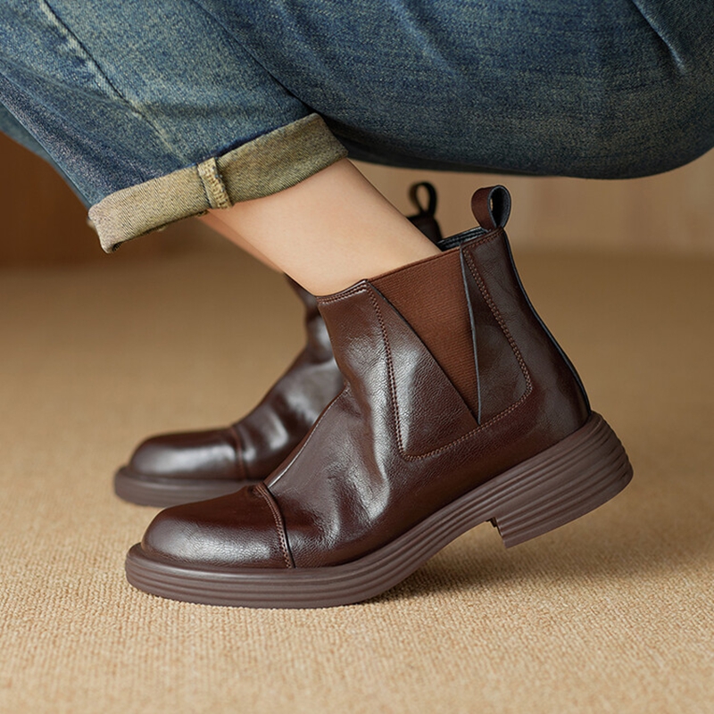 Autumn NEW Split Leather for Women Round Toe Chunky Heel Shoes Black Slip-on Ankle Casual Boots 42ff