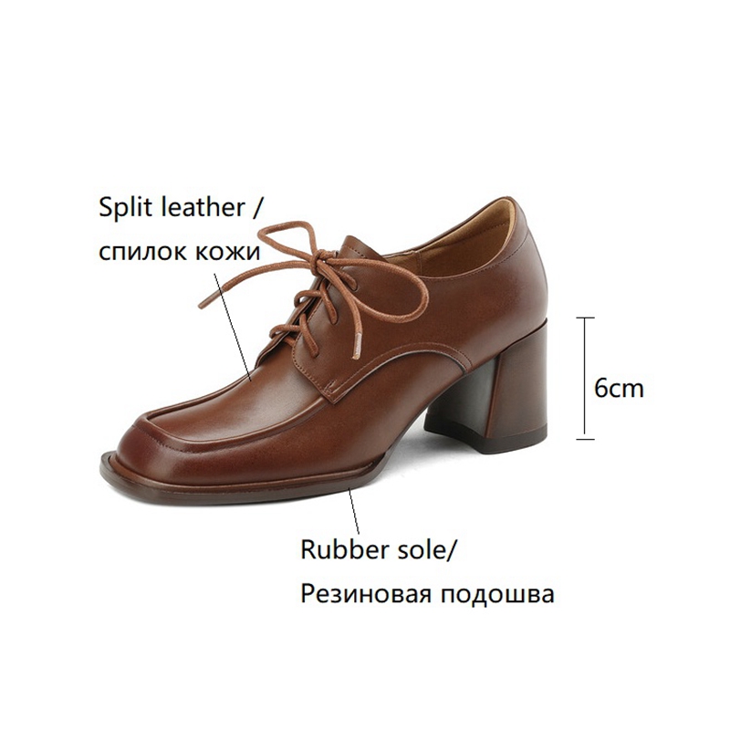 Spring 2023 Loafers Split Leather Pumps Round Toe Square Casual High Heel Women Lace-up New Shoes 0320