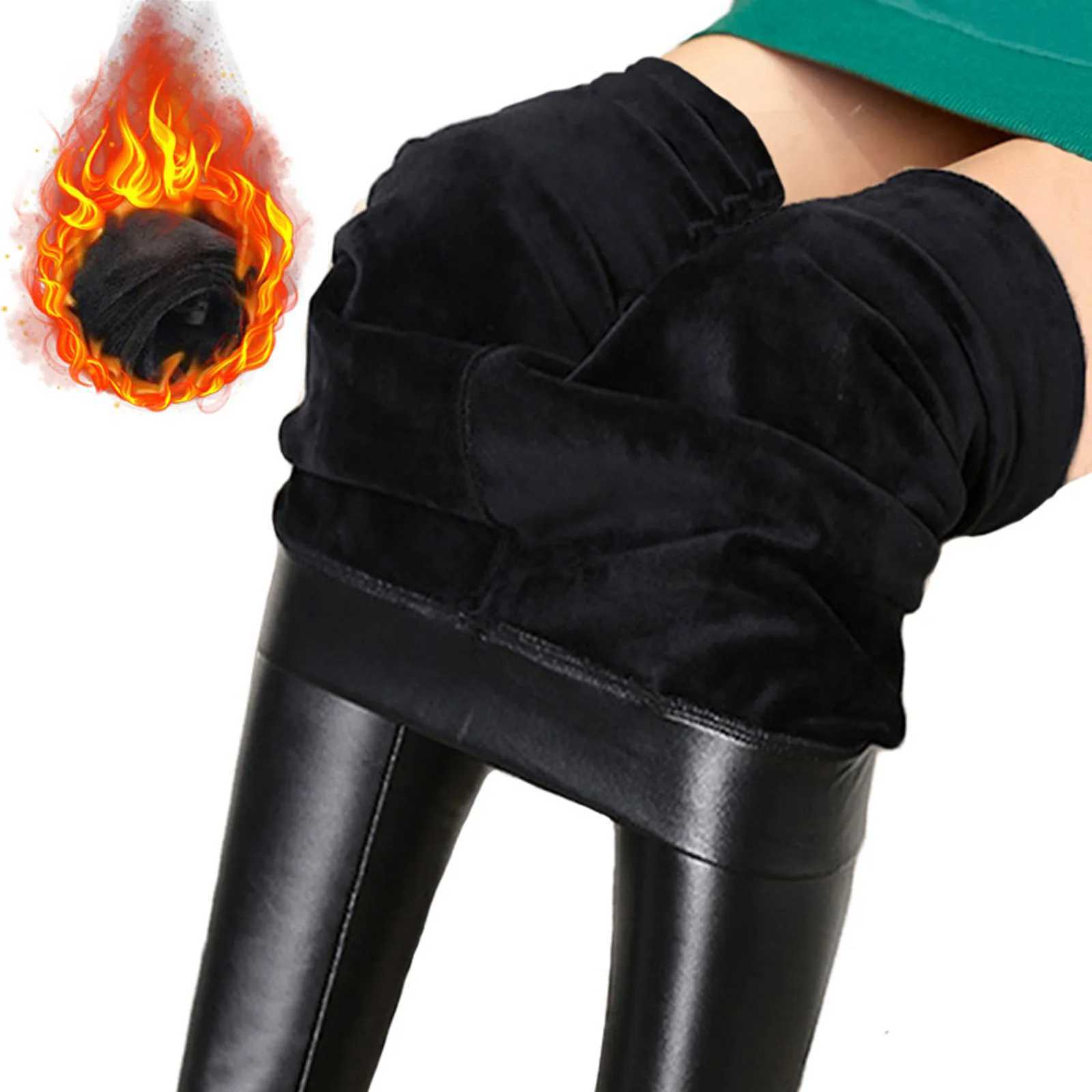 Womens Faux Leather Thick Warm Leggings Sexy Casual Velvet Stretchy Leggings High Quality Leisure Comfortable Winter LeggingsX240914