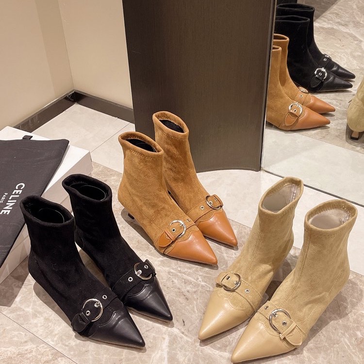 Spring AutumnFashion Pointed Toe Ankle Boots Suede Slip on Short Botas Ladies Elegant High Heel Shoes Women's Pumps 9d5c
