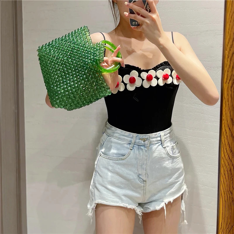 Green transparent crystal bag womens fashionable retro simple handbag beach holiday bead clutch 240913