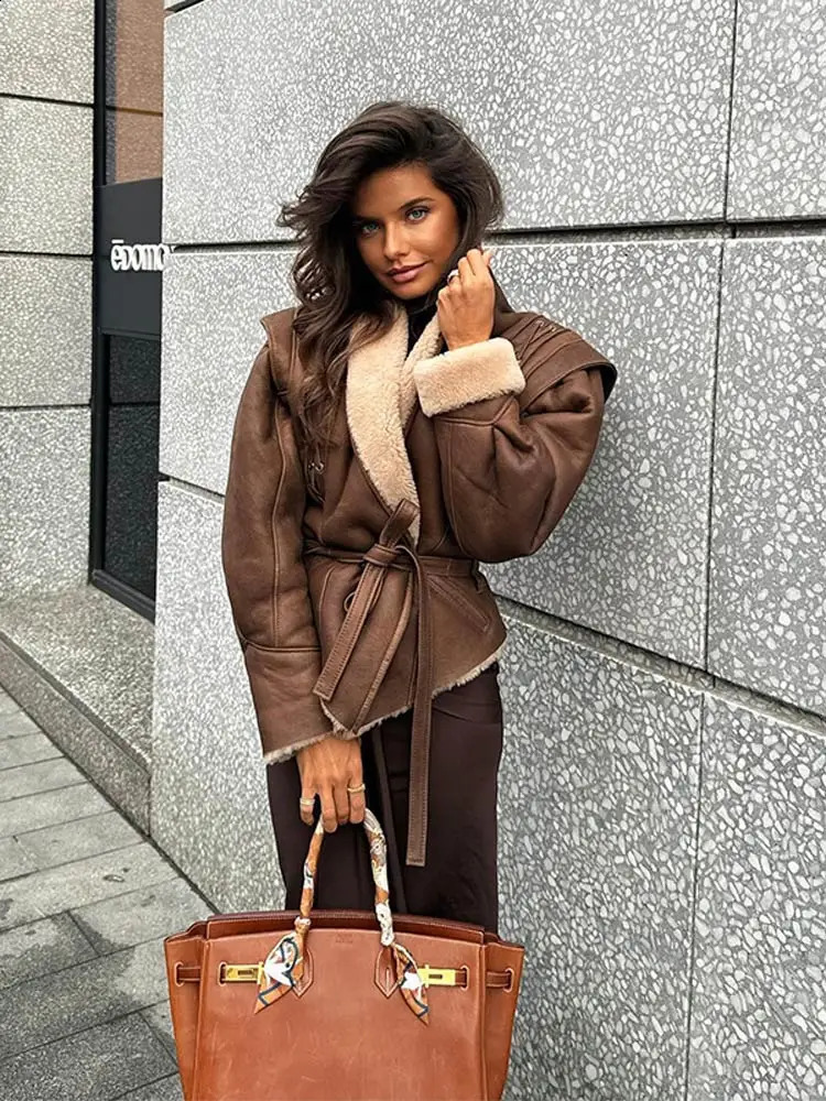 Fashionable cashmere leather patch work jacket with belt womens brushed tie lapel long sleeved ultrathin streetwear 240905