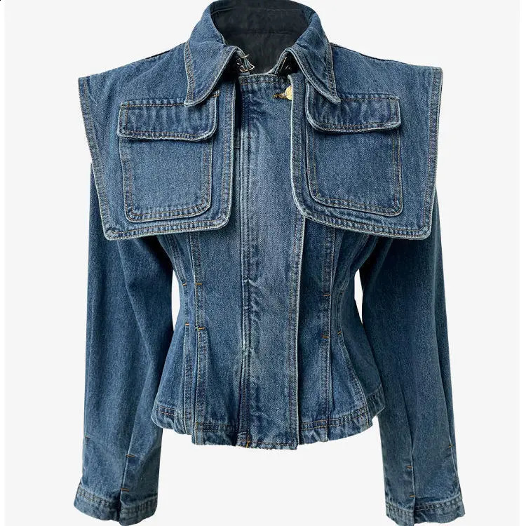 Fashion polo neck denim womens jacket autumn Korean style French retro waist weight loss casual short jacket womens top 240906
