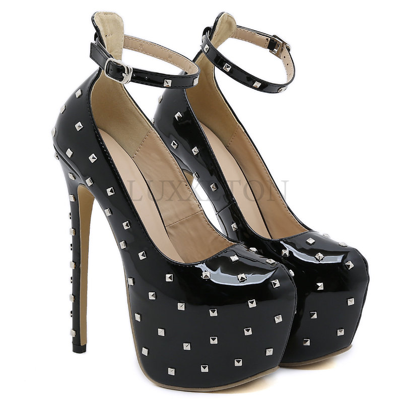 Sexy Fetish High Heels Woman Pumps High Heel Platform Women's Shoes Sexy Rivet Banquet Shoes Pumps Black Big Size 42