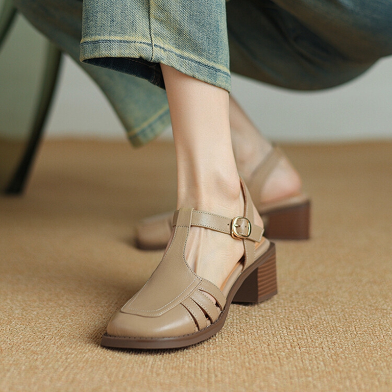 Summer NEW Genuine Leather for Women Cover Sgback Shoes Round Toe New Chunky Heel Designer Ladies Sandals 9095