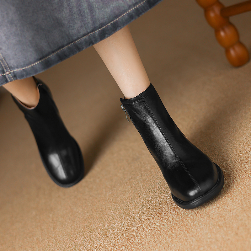 2024 New Winter Round Toe Chunky Heel Women Shoes Retro Western Ankle Boots Genuine Leather efb7