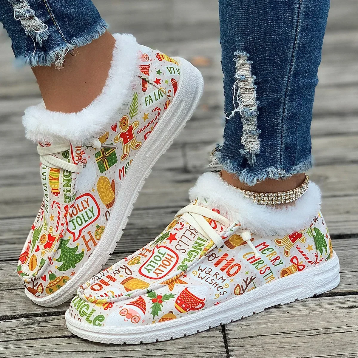 Ladies Flat Casual Shoes Women New Winter Ankle Snow Boots Woman Christmas Print Cotton Shoes Short Plush Booties Warm Gift