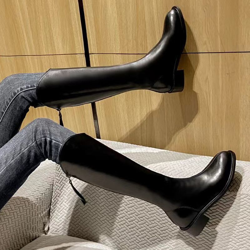 Black Footwear Brown Middle Heel Long Shoes for Woman Pointed Toe Winter Knee High Shaft Leather Women's Boots Pu Y2k Quality 39
