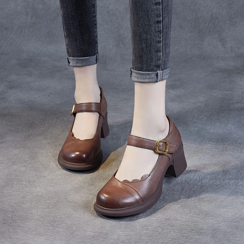 Spring Autumn Shoes Woman Genuine Leather Women Pumps Lady Round Toe Platform Shallow Mouth High Heel Shoes