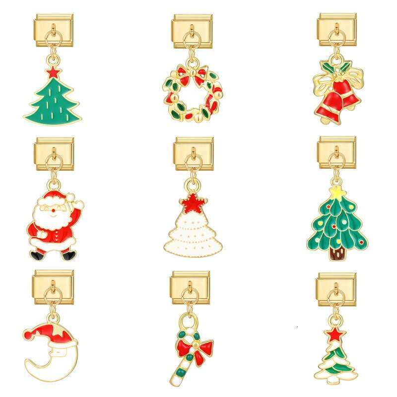 New Christmas Tree Snowman Deer Santa Claus Pendant Italian Charms Links Bangle Beads Fit 9mm Stainless Steel Bracelet Making DIY For Women Gift Fashi