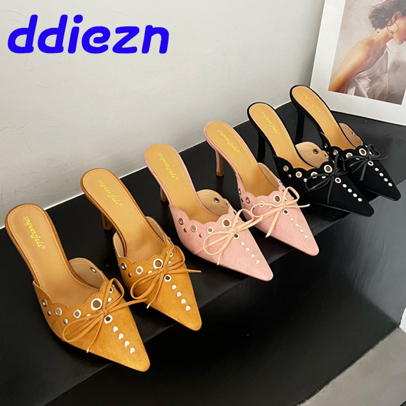 Fashion Butterfly-Knot Pumps Slides New Footwear In Heels Women Mules Female Pointed Toe Rivet Ladies High Heels Shoes Slippers