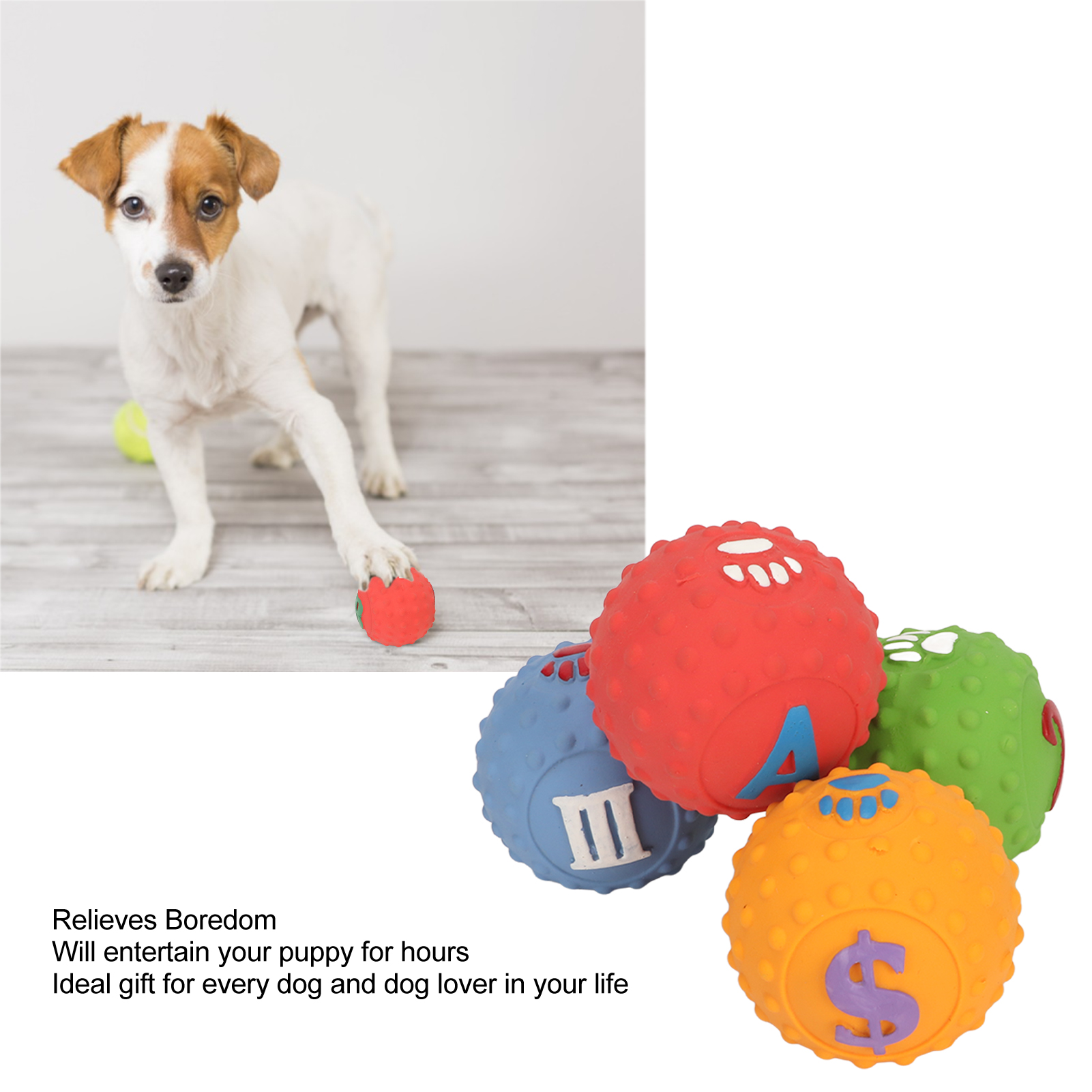 Latex Dog Ball Toy Squeaky Interactive Soft Puppy Chewing Fetching Toy With Fun Pattern For Small Medium Pet 4pcs