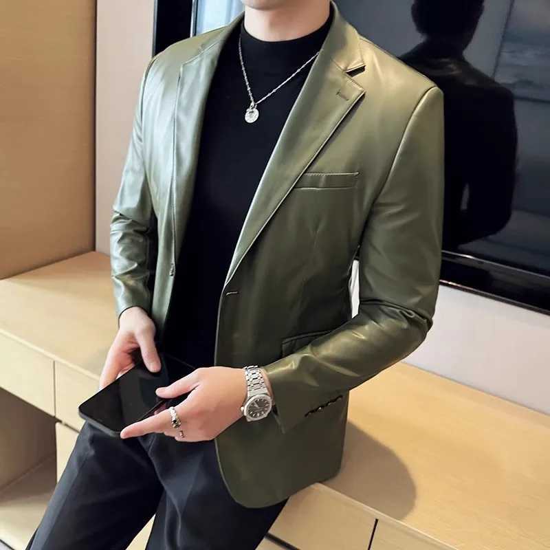 High Quality Leather Jacket Men Single Button Slim Fashion Leather Blazers Male Business Casual Suit Coats Solid PU Outwear ManX240913
